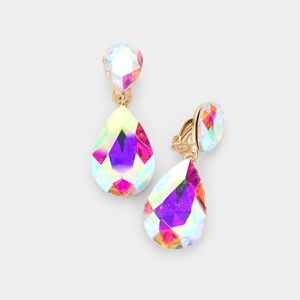 Abalone Dangle Crystal Clip On Earrings 2 Inches Double TearDrop ClipOns Jewelry